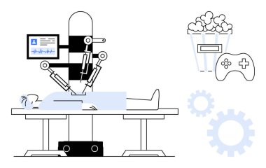 Ameliyat masasındaki hasta robot kollar, sağlık monitörü, patlamış mısır ve oyun kumandası ile destekleniyor. Sağlık, teknoloji, yenilik, eğlence ve otomasyon için ideal