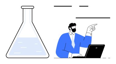 Resmi giyinmiş bir adam dizüstü bilgisayar kullanıyor ve işaret ediyor. Yanında sıvı dolu büyük bir şişe var. Bilim, araştırma, eğitim, yenilik, iş, keşif ekibi çalışması için idealdir. Basit düz metafor