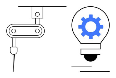 Robot kol, yaratıcılığı, endüstriyi ve otomasyonu sembolize eden bir dişli ampulün yanında çalışıyor. Teknoloji, robot bilimi, yenilik, imalat, mühendislik, süreç optimizasyonu için ideal