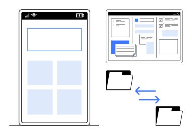 Ekran düzeni, masaüstü gösterge paneli görünümü, dosya paylaşım dizinleri ve ok bağlantısı ile akıllı telefon arayüzü. İşbirliği, iş akışı, üretkenlik, veri transferi ve yenilik entegrasyonu için ideal
