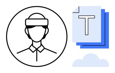 Katmanlı metin belgeleri ve küçük bir bulutun yanında daire şeklinde minimalist bir avatar. Kullanıcı verileri, dijital depolama, bulut teknolojisi, çevrimiçi profiller, dosya paylaşımı, takım işbirliği, basit