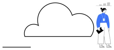 Elinde bir klasör tutan kadın ana hatlı bir bulutun yanında duruyor, dijital depolamayı, bulut hesaplamasını veya teknolojiyi sembolize ediyor. Teknoloji, ağ oluşturma, veri paylaşımı, bağlantı ve yenilik için ideal