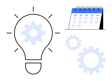 İçinde dişli bir ampul, ayakta duran bir takvim ve yüzen dişliler yaratıcılığı, zamanlamayı, verimliliği, problem çözmeyi, takım çalışmasını, iş akışı optimizasyonunu ve stratejik planlamayı simgeler. Basit.