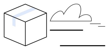 Aerodinamik bulut ve hareket çizgileri boyunca ilerleyen bantlı bir kutu. Nakliye, lojistik, hız, verimlilik, e-ticaret, teslimat hizmetleri, paket yönetimi için ideal. Basit düz metafor