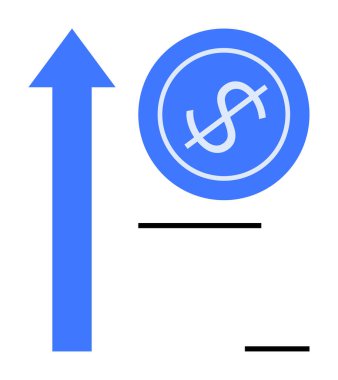 Üzerinde siyah çizgiler olan bir dolar işaretinin yanındaki yukarı doğru giden mavi ok işaretleri. Finans, yatırım, ilerleme, ekonomi, iş büyümesi, başarı, zenginlik planlaması için ideal, basit düz metafor