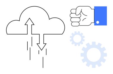 Yukarı ve aşağı oklarla bulutlar, dişliler, takım elbise kolunda sıkılmış eller. Teknoloji, bulut hizmetleri, veri transferi, iş süreci, kontrol yenilikçiliği verimliliği için idealdir. En az düz metafor