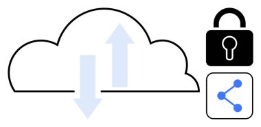 Yükleme ve indirmeyi gösteren okları olan bulut, güvenlik sembolünü kilitle, veri dağılımı simgesini paylaş. Teknoloji için ideal, bulut depolama, siber güvenlik, ağ kurma, veri değişimi, uzaktan kumanda