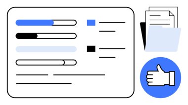 Görev ilerleme çubukları, tamamlama için onay kutuları, klasör simgesi ve başparmak işareti ile istiflenmiş belgeler. Üretkenlik, organizasyon, iş akışı, görev tamamlama, takım çalışması ilerlemesi için ideal basit