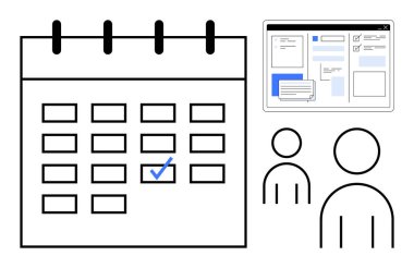 İşaretli tarih, belge pencere arayüzü ve iki figür zamanlamayı, takım çalışmasını ve dijital organizasyonu temsil ediyor. Zaman yönetimi, işbirliği, planlama, üretkenlik için ideal