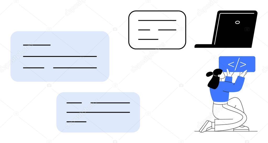 Vector of Coder holding a programming window, laptop nearby, and floating text boxes. Ideal for coding, development, technology, teamwork, education software startup. Simple landing page Coder holding a programming window, laptop nearby, and floating text boxes. Ideal for coding, development, technology, teamwork, education software startup. Simple landing page stock vector