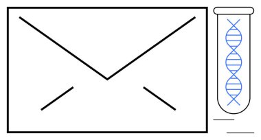 Test tüpünün yanında DNA sarmallı zarf genetik veri transferi, biyoteknoloji ve araştırma olduğunu gösteriyor. Genetik, veri alışverişi, bilim, yenilik, iletişim sağlık hizmetleri için ideal. Basit düz