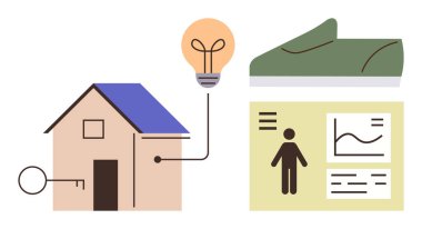Anahtar, ampul, enerjiyi sembolize eden bir ev, güneşten esinlenilmiş çatı, veri tabloları ve eko-yaşam ayakkabısı. Sürdürülebilirlik, ev güvenliği, enerji verimliliği, eko-farkındalık teknolojisi verileri için ideal