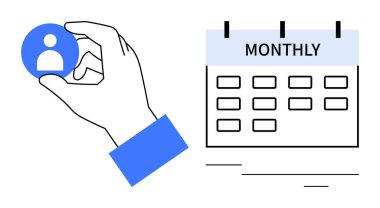 Aylık takvim taslağının yanında el ele tutuşan kullanıcı simgesi. Zamanlama, planlama, İK yönetimi, organizasyon, zaman yönetimi, kullanıcı seçimi, verimlilik için ideal. Basit düz metafor