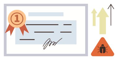 Kurdele mühürlü ödül sertifikası, büyümeyi simgeleyen yukarı doğru oklar ve böcek simgeli uyarı üçgeni. Başarı, ilerleme, başarı, siber güvenlik, tanınma ve kalite sorunları için ideal