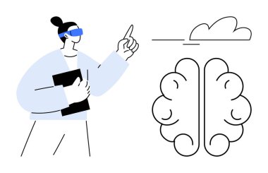 VR gözlük takan kişi bulutlara beyin imgeleri ile işaret ediyor, teknolojiyi, yeniliği, öğrenmeyi, yapay zekayı, dijital düşünmeyi, gelecekteki kavramları ve yaratıcı buluşları sembolize ediyor. İdeal