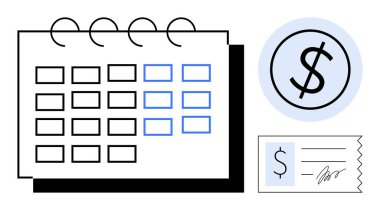 Vurgulanmış tarihli takvim, daire şeklinde dolar işareti ve planlanmış ödemeleri ve bütçeyi gösteren imzalı çek. Finans, planlama, teslim tarihleri, ekonomi, organizasyon ve muhasebe için ideal