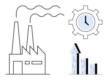 Dumanlı fabrika bacaları, verimlilik için saat teçhizatı, büyüme için yukarı doğru ok olan bar tablosu. Üretim, üretkenlik, zaman yönetimi, verimlilik, endüstri ve ilerleme için ideal basit