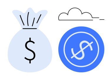 Dolar sembollü para çantası, işaretli mavi para ve bulutlar. Finans, tasarruf, ekonomi, yatırımlar, bütçe büyümesi ve zenginlik için ideal. Basit düz metafor