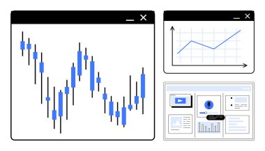 Şamdan stok tablosu, büyüme çizgisi grafiği ve bilgi amaçlı UI panelleri finansal analizleri, pazar eğilimlerini, veri takibini, iş stratejisini, ekonomik araştırmaları, çevrimiçi araçları, basit düz tabanlı araçları temsil etmektedir.