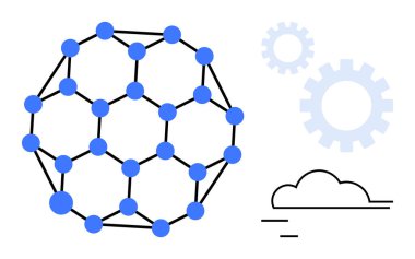 Dişlilerin yanında düğümleri ve bağlantıları olan mavi bağlantılı küresel ağ ve bulut teknolojiyi, bağlantıyı, işbirliğini ve yeniliği sembolize ediyor. Yapay zeka, ağ oluşturma, bulut hesaplama ve veri için ideal