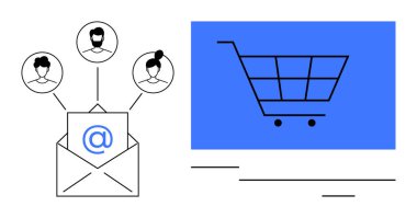 Dijital ekranda alışveriş arabasına bağlanan kullanıcı avatarlarıyla e- posta simgesi. E-ticaret, e-posta pazarlama, bağlantı, dijitalleştirme, çevrimiçi alışveriş, müşteri hizmetleri, basit daire