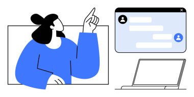 Mesajlaşma penceresi ve dizüstü bilgisayarla sohbet arayüzüne doğru hareket eden bir kadın. İletişim, mesajlaşma, işbirliği, müşteri desteği, eğitim, uzaktan çalışma, basit iniş sayfası için ideal