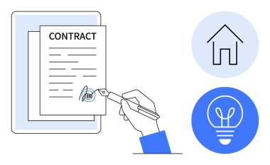 Tablet ekranında ev ve ampul simgeleri, gayrimenkul, emlak anlaşmaları, yenilik, yaratıcılık, büyüme, iş çözümleri ve basit iniş sayfalarını temsil eden el imzası sözleşmesi