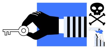 Elinde elementler olan siyah eldivenli bir el kafatasını, arama motorunu ve büyüme grafiğini işaret ediyor. Siber güvenlik, hackleme, çevrimiçi mahremiyet, kimlik hırsızlığı, dijital güvenlik, risk yönetimi için ideal