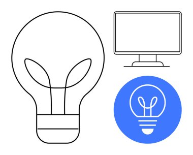 Ampul çizgisi ve bilgisayar ekranı mavi daireyle eşleştirildi. Yenilik, yaratıcılık, teknik çözümler, tasarım, enerji, dijital araçlar ve basit iniş sayfası için ideal