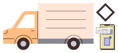 Akıllı telefonun yanında teslimat kamyonu doğrulama kodu ve izleyici arayüzü gösteriyor. Lojistik, çevrimiçi güvenlik, dağıtım yönetimi, e-ticaret, güvenlik, izleme araçları, dijital işlemler için ideal