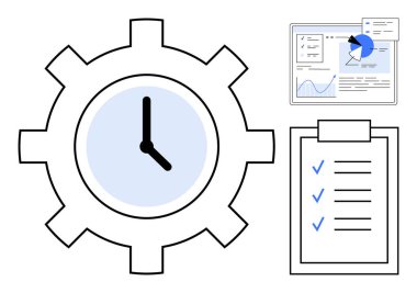 Pano kontrol listesi ve veri analiz tablosu olan dişli saat. Üretkenlik, zaman izleme, proje yönetimi, hedef belirleme, iş planlaması, veri analizi, basit iniş sayfası için ideal