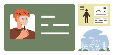 Kimlik kartında maske takan kişi, grafik ve istatistiklerle rapor ver, belediye binasına benzeyen bina. Kimlik, güvenlik, veri analizi, hükümet, kentsel planlama, doğrulama için ideal