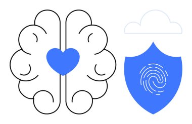 Merkezinde kalp olan beyin çizgisi, üzerinde parmak izi olan kalkan ve bulut. Akıl sağlığı, güvenlik, mahremiyet, teknoloji, kişisel veri farkındalığı yeniliği için idealdir. Basit düz