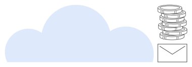 Açık mavi bulut para yığını ve zarf bulutları, çevrimiçi işlemler, e-posta iletişimi, dijital tasarruflar, elektronik yazışmalar, veri yönetimi, basit düz metafor