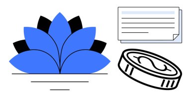 Büyümeyi simgeleyen mavi nilüfer çiçeği zenginliği simgeleyen dairesel para ve berraklığı simgeleyen belgeler. Finans, yatırım, büyüme, zenginlik, farkındalık dengesi ve basitlik için idealdir. Basit düz