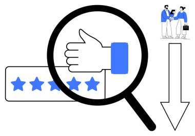 Büyüteç, yıldız derecelendirme çubuğu, ok ve tokalaşma altında el sallama. Müşteri memnuniyeti, değerlendirmeler, kalite değerlendirmesi, güven büyüme oranları için ideal. Basit düz