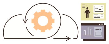 Veri izleme için grafik ve profillerin yanı sıra otomasyon akışını temsil eden oklarla bulut içindeki vites sembolü. İş akışı optimizasyonu, teknoloji, yenilik, verimlilik, verimlilik için ideal