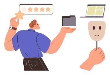 Bir yıldız tutan adam, organizasyonu temsil eden bir klasör, online çalışmayı sembolize eden bir dizüstü bilgisayar, ve maskeli bir kimlik. Takım çalışması, geribildirim, üretkenlik, denge ve teknik markalaşma için ideal
