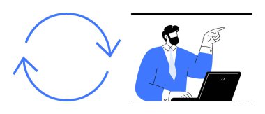 İş adamı yenilenmeyi temsil eden yenilenmiş bir ikonun yanında dizüstü bilgisayara güvenerek el kol hareketi yapıyor. İşbirliği, teknoloji, yaratıcılık, büyüme, süreç iyileştirme, liderlik, basit düz