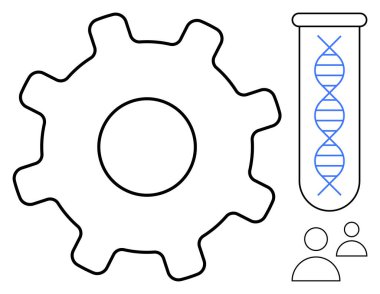 Test tüpünün yanında DNA ipliği ve iki insan figürü var. Biyoteknoloji, mühendislik, genetik, takım çalışması, yenilik, bilim eğitimi ve araştırma konuları için ideal. Basit düz metafor
