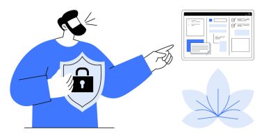 Kilitli bir kalkan tutan, dijital bir arayüzü işaret eden, güvenliği gösteren bir adam. Gizlilik, koruma, veri güvenliği, siber güvenlik, güvenli erişim, basit düz metafor