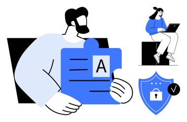 Bir yapboz parçasını analiz eden kişi, dizüstü bilgisayar kullanan kadın, asma kilitli kalkan. Dijital araçlar, uzaktan çalışma, güvenlik, veri koruması, eğitim işbirliği mahremiyeti için idealdir. En düşük düz