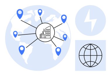 Küre merkezindeki sanayi merkezi mavi harita iğnelerine bağlı. Enerji için şimşek, küresel bağlantı için ızgara sembolü. Lojistik, teknoloji, enerji, imalat, iş, küreselleşme için ideal