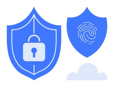 Kilitli kalkan, parmak izli kalkan, güvenliği, gizliliği, veri korumasını ve biyometrik doğrulamayı sembolize eden bulut simgesi. Siber güvenlik, bulut depolama, gizlilik şifrelemesi için ideal