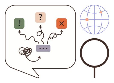Sembollerle, karışık yollarla karışık konuşma baloncukları ve küresel harita problem çözme, karar verme ve takım çalışmasını vurguluyor. İletişim, navigasyon, zorluklar, bağlantı beyin fırtınası için ideal