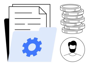 Ayarlama donanımlı klasör, bozuk para yığını, kullanıcı profili simgesi ve metin belgeleri. Finans, yönetim, iş akışı otomasyonu, veri depolama kullanıcı bilgi optimizasyonu analizleri için idealdir. Basit.