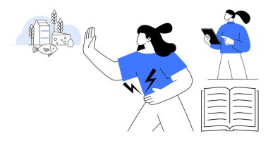 Karnını yiyeceklerin yanında tutan bir kadın balıkları, sütü, buğdayı, peyniri tableti kullanarak kutluyor. Sağlık, diyet, eğitim, farkındalık beslenme hoşgörüsüzlüğü basit iniş sayfası için ideal