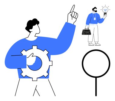 Teçhizatı yukarıya doğru tutan kişi, küçük insan ampulü gösteriyor, yakınlarda büyüteç var. Çözümler, yaratıcılık, takım çalışması, yenilik, liderlik, kalkınma iş stratejisi için ideal