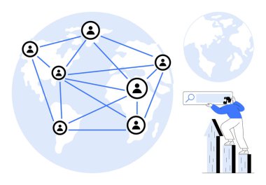 Bağlı kullanıcı simgelerine sahip harita küresel bir ağı sembolize ediyor, arama çubuğu kullanan kişi binaların tepesinde. İletişim, ağ, teknoloji, küreselleşme, arama, takım çalışması, dijital için ideal