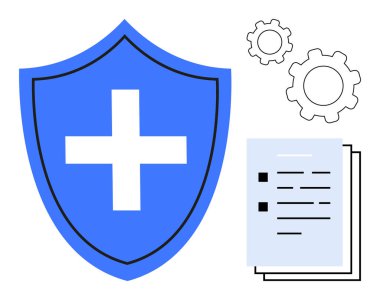 Beyaz haçlı mavi kalkan, birbirine kenetlenmiş dişliler ve yığınla belge. Güvenlik, sigorta, sağlık, veri yönetimi, iş akışı, basit iniş sayfaları için ideal